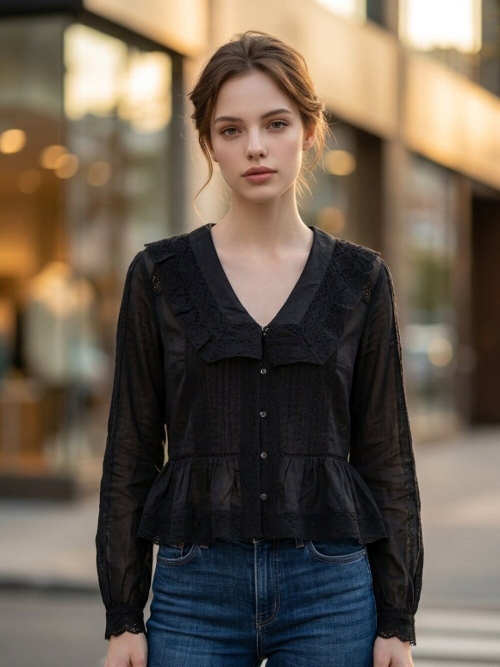 NWT Caroline Constas Black Lace Ruffle Blouse Top Size S